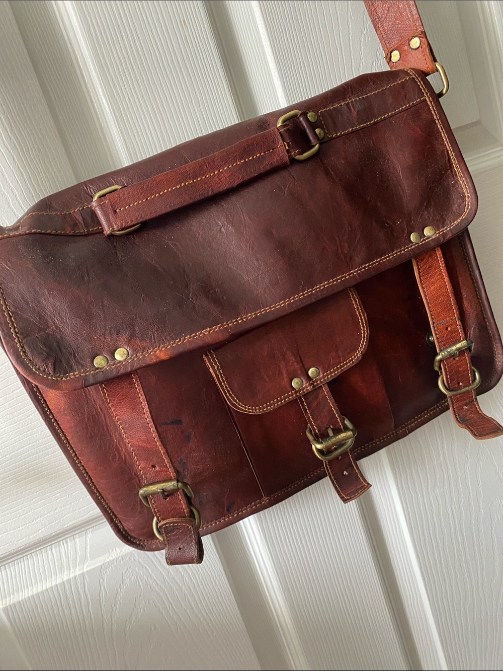 Vintage Brown Leather Messenger Bag with Brass Hardware - Picture 8 of 13